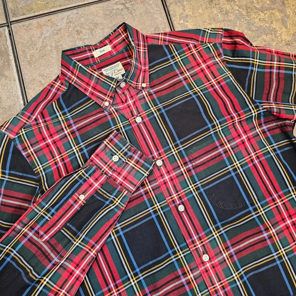 J Crew Slim Secret Wash Organic Cotton Stretch Plaid Button‎ Down Shirt Mens M